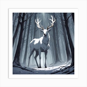 A White Stag In A Fog Forest In Minimalist Style Square Composition 20 Art Print