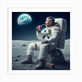 A Realistic Image Of A Man Drinking A Coke On The Moon 4 Art Print