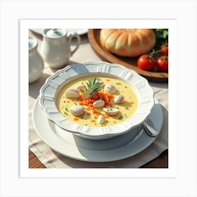 Watercolor Scene Of A Rich And Creamy Clam Chowder On A Stylish Dining Table Art Print