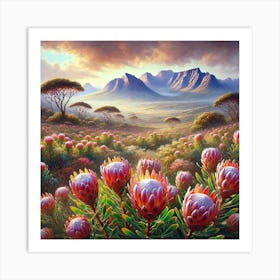 An Oil Painting Of A Field Of Protea Flowers In South Africa.AI 1 Art Print