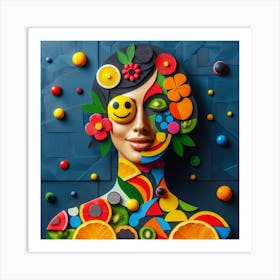 Fruity Face: A Colorful and Playful Collage Inspired by Matisse and Pop Art Art Print