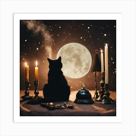 Witch Cat In The Moonlight Art Print