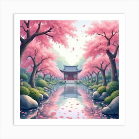 Watercolor Sakura Petals Raining Down Over A Quiet, Serene Temple Garden 1 Art Print