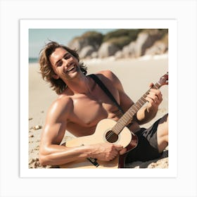 Man Playing Guitar On Beach Art Print