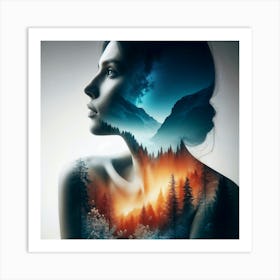 Double Exposure Dreamscape Beautiful Woman In The Forest and Mountains Art Print