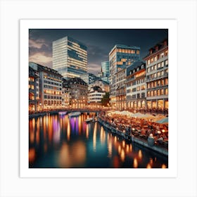 Switzerland With Zurich Street And Limnat River At Night, Painting Art Print