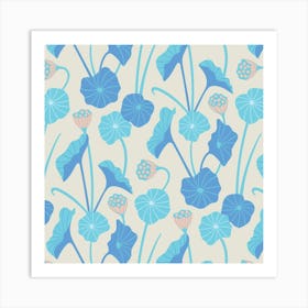 LOTUS POND Japanese Zen Buddhism Leaves Seed Pods Botanical in Blue White Blush Art Print