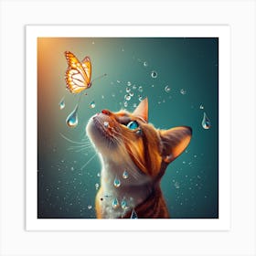 Cat With Butterfly and rain waterdrops Art Print