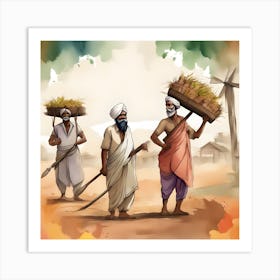 Three Indian Men Carrying Baskets Art Print