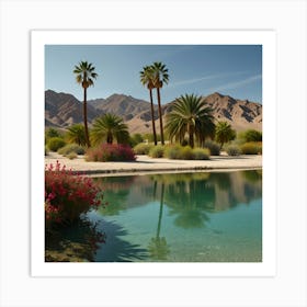 A Tranquil Desert Oasis With Palm Trees, Clear Water, And Blooming Flowers Art Print