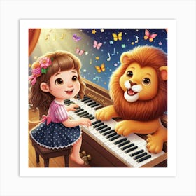 Little Girl Playing Piano With Lion Art Print