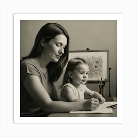 Mother And Daughter Drawing Art Print