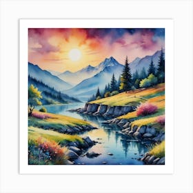 Sunset In The Mountains Enchanted Mountain Glow: A Surreal Creekscape Art Print