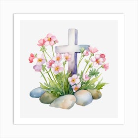 Easter Cross With Flowers 1 Art Print