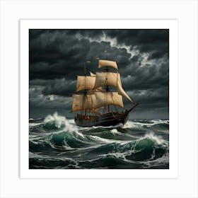 Sailing Ship In Stormy Sea Art Print