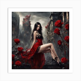Gothic Girl In Red Dress Art Print