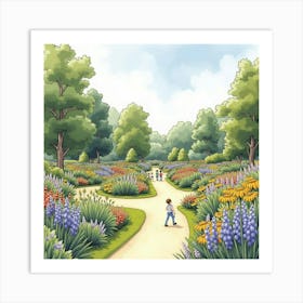 Watercolor View Of An English Botanical Garden With Visitors Enjoying The Flowers 1 Art Print