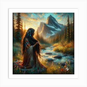 Oil Texture Native American Woman By Stream 6 Art Print