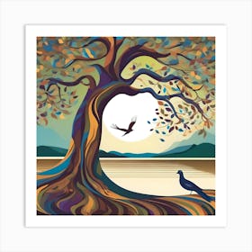 Landscape With Tree At Sunset Art Print