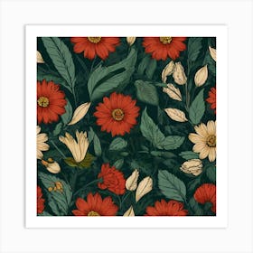 Seamless Pattern With Red Flowers 1 Art Print