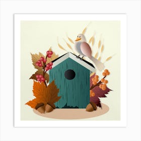 Birdhouse Autumn Nature Bird Leaves Season Colorful Colours Art Print