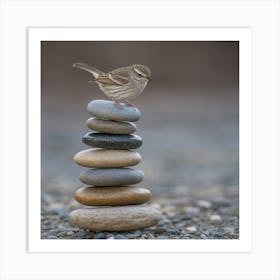 Harmony Captured Serene Composition Of A Feathered Friend And Balanced Stones (1) Art Print