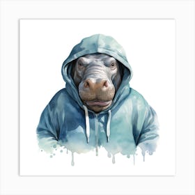 Watercolour Cartoon Hippopotamus In A Hoodie Art Print