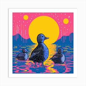 Pink Linocut Style Ducks In The Moonlight 1 Art Print