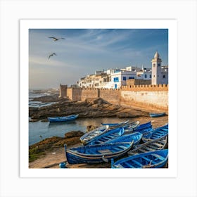 Blue Fishing Boats On The Beach Art Print