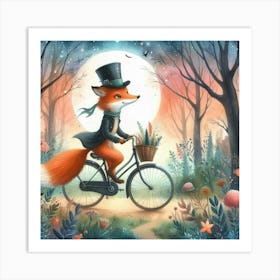 Fox Wearing A Top Hat Riding A Bicycle Through A Magical Forest (4) Art Print