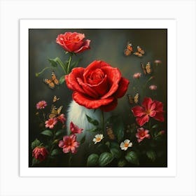 Red Roses And Butterflies Art Print