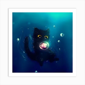 Black Cat With Bubbles Art Print