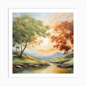 Autumn Trees By The River Art Print