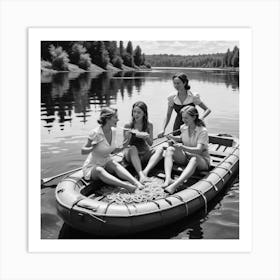 Eating Pasta on a Lake, Three Women On Raft, Funny Black and White Vintage Photo Art Print 3 Art Print