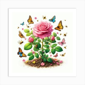 Pink Rose With Butterflies Art Print