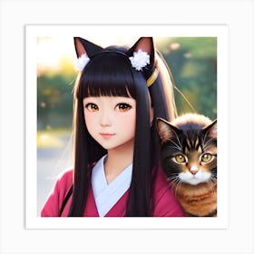 Kawaii anime portrait Rain with cat Art Print