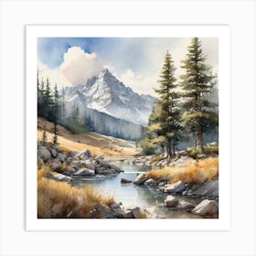 Watercolour Of A Mountain Stream 1 Art Print