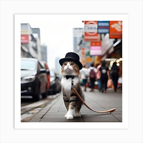 A Cat Walking On A Leash Down A Busy Street While Wearing A Top Hat And Looking Very Pleased With Itself 2 Art Print