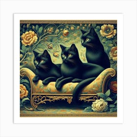 Three Black Cats On A Couch Art Print