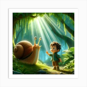 Snail And Boy In The Forest Art Print