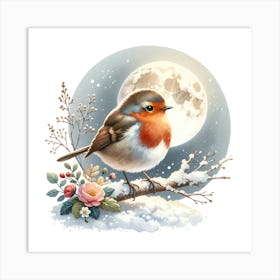 Robin sitting on a snowy branch with the moon Art Print