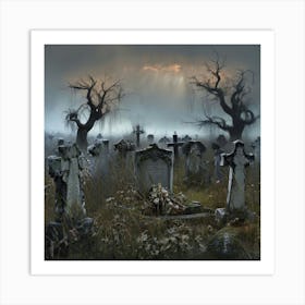 A Serene And Somber Field Of Weathered White Gravestones Overgrown With Long Swaying Grasses Art Print