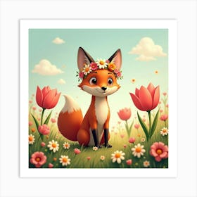 A Curious Fox Wearing A Flower Crown, Standing In A Meadow Of Giant Tulips And Daisies Art Print