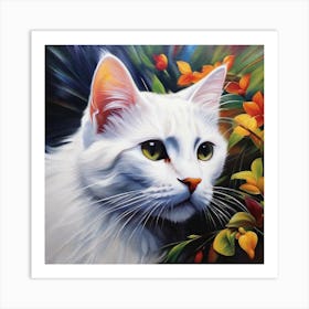 White Cat With Flowers Art Print