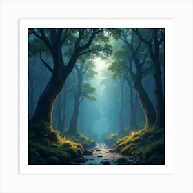 Mystical Glen With Ancient Trees And Shimmering Lights 1 Art Print