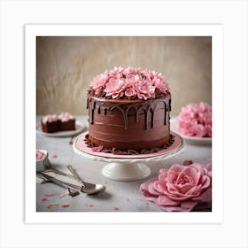 Chocolate Cake Buttercream Icing And Pink Icing Flowers On A Table Background Nicely Blurred Highlig 457477734 Art Print