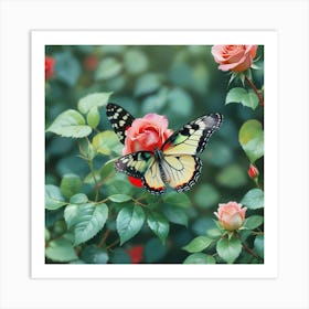 Butterfly On Roses Art Print