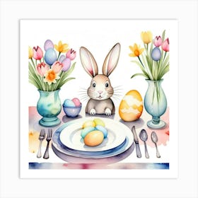 Easter Table Setting In A Watercolor Painting Style, With Bunny, Dyed Eggs And Bouquets Of Flowers Póster