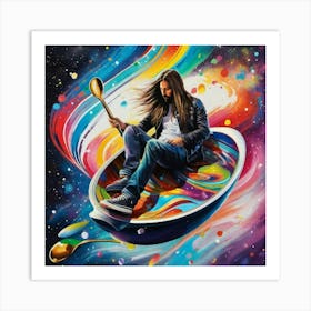 Man holding spoon in colorful space atmosphere  Art Print