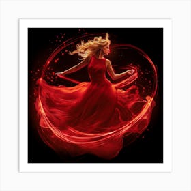 Digital Illustration Of A Beautiful Woman With Blond Hair In Red Dress With Red Round Circle Around Her Art Print
